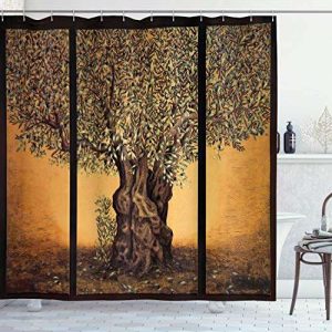 Ambesonne Tree of Life Shower Curtain, Triptych of Old Mature Olive Tree Mediterranean Greece Style Nature Graphic, Cloth Fabric Bathroom Decor Set with Hooks, 69" W x 75" L, Burnt Orange Brown Green