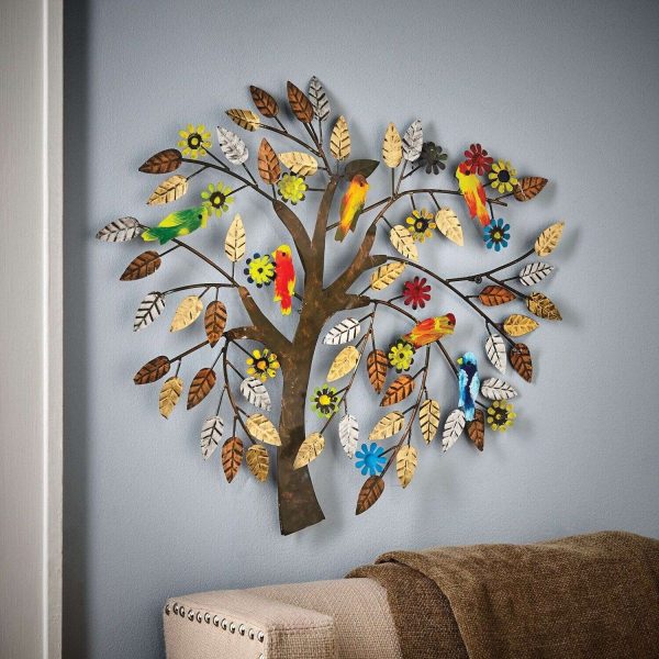 ART & ARTIFACT Folk Art Wall Art Colorful Birds in Tree, Hand Painted Metal, 20"