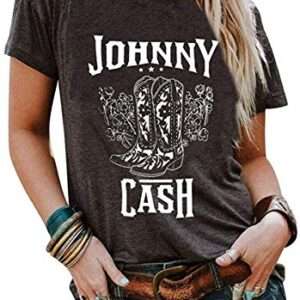 Cash T-Shirt Women Long Boots Graphic Short Sleeve Tees Loose Top Country Music Party Shirt Blouse Tees (L, Gray)