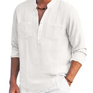 COOFANDY Men's Linen Henley Shirt Long Sleeve Casual Hippie Cotton Beach T Shirts White