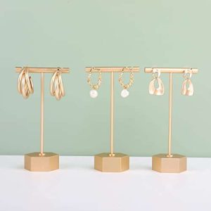 GemeShou Gold Metal 3pcs Earring T Stand Retail Display Holder for Show, T Bar Jewelry Organizer for Show Online Store Photography Props 【Gold-Hexagon Base 3pcs Height 4.5"】