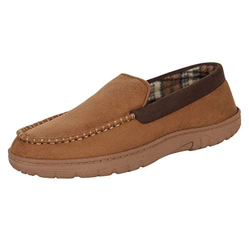Hanes Mens Moccasin Slipper House Shoe With Indoor Outdoor Memory Foam Sole Fresh IQ Odor Protection , Tan , Large