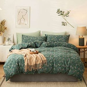 HighBuy Jersey Knit Cotton Duvet Cover Queen Green Floral Bedding Sets 100% T-Shirt Cotton Comfy Bedding Sets Super Soft Garden Chic Knit Cotton Comforter Cover Queen Size