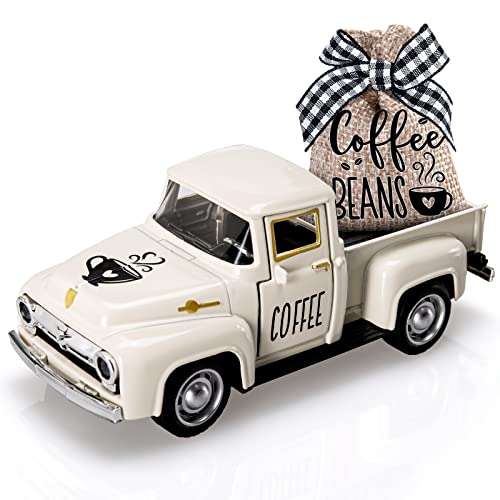 Huray Rayho Coffee Decor for Coffee Bar Metal Truck with Coffee Beans Burlap Sack Vintage Pickup Farmhouse Coffee Station Tabletop Tiered Tray Decor Mini Diecast Truck Decorations