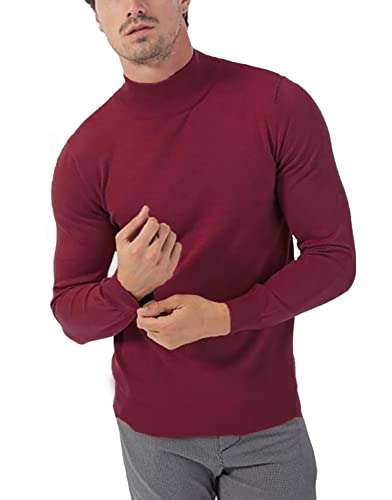 KINGBEGA Men Regular Fit Basic Lightweight Long Sleeve Pullover Top Mock Turtleneck T-Shirt Wine Red, X-Large
