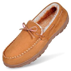 Mens Slippers Size 11, Warm Moccasin House Slippers Comfortable Memory Foam Plush Lining Driving Loafers Shoes Light Brown