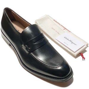NEW Ferragamo Penny Loafers Black PITT Leather Men's Dress Slip-on Shoes Gancini