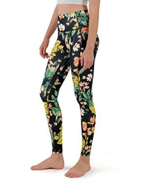 ODODOS High Waist Pattern Yoga Pants for Women with Pockets, Tummy Control Running Sports Workout Yoga Leggings, Full Length, Tropical Flower, Medium