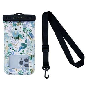 Rifle Paper Co. IP68 Floating Waterproof Phone Pouch / Case (Regular Size) Floating Waterproof Phone Case - iPhone 14 Pro Max/ 13 Pro Max/ 12 Pro Max/ 11/ S23 - Detachable Lanyard - Garden Party Blue