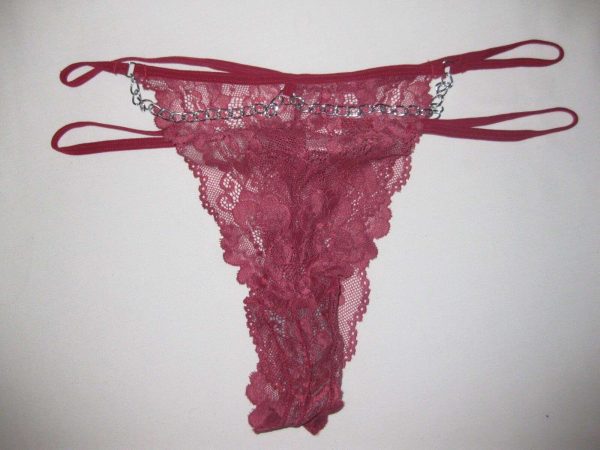 Shein chain decor sheer lace strappy open side thong panties XL burgundy nip