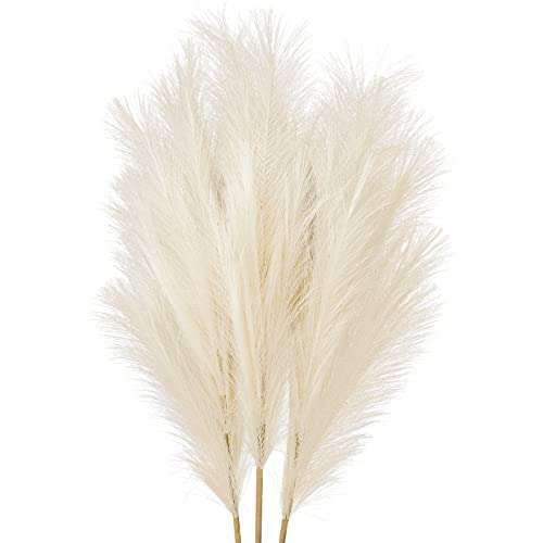Sinor 3-Pcs Faux Pampas Grass, 42" Tall Large Artificial Pompas Boho Decor Fluffy Fake Pampous Branches Floral Arrangements Gift for Floor Vase Filler Bedroom Living Room Wedding -Cream/Beige