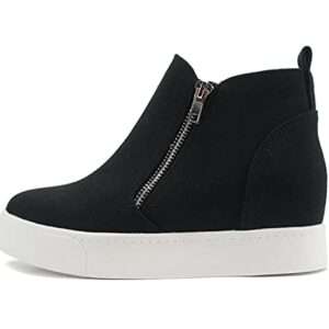 Soda Taylor Hidden Wedge Booties Fashion Sneaker Shoes Side Zipper (Black Canvas, Numeric_7)