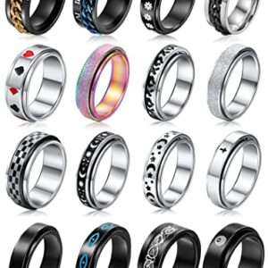 Stainless Steel Rings for Men, Fidget Rings for Anxiety for Women, Sliver Fidget Rings, Cool Male Spinner Ring Set, Black Mens Band Ring Pack (9)