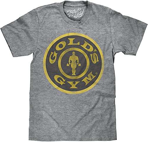 Tee Luv Men's Retro Gold's Gym Shirt - Faded Strongman Barbell Logo T-Shirt (Graphite Snow Heather) (L)