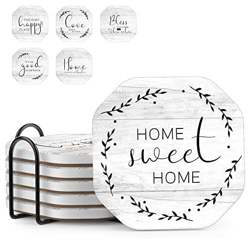 UMIRRO Rustic Farmhouse Coasters for Wooden Table, Modern Ceramic Coasters with Holder for Coffee Table Decor, Housewarming Gifts for New House / Home, Assorted Design, White, 4", 6 Pack