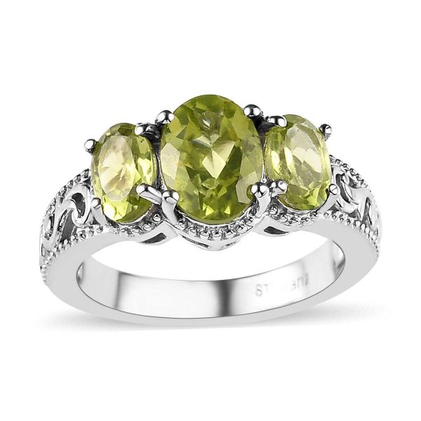 Platinum Plated Natural Peridot 3 Stone Ring Jewelry for Women Size 7 Ct 2.2