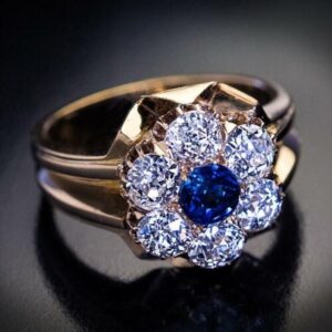 2.50 Ct Round Cut Blue Sapphire Lab Created Diamond Ring 14K Yellow Gold Finish