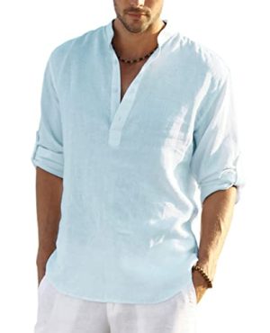 COOFANDY Mens Cotton Linen Henley Hippie Casual Beach T Shirt, Blue, Large, Long Sleeve