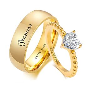 Personalized Matching Promise Rings for Couples Stainless Steel Gold Wedding Ring Set for Him and Her Tungsten Custom Engraved Couple Rings with Cubic Zirconia Valentine's Day Jewelry (Gold-Style 2)