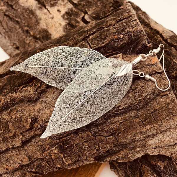 Leaf Skeleton Dangle Earrings Leave Drop Silver Plated Hook Earrings