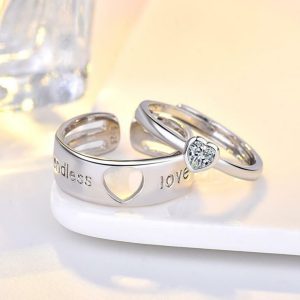 Silver Pave Cubic Zirconia Adjustable Couple Pair Love Heart Ring R29