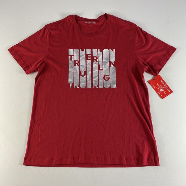 True Religion T-Shirt Mens XXL Silver Foil Print Logo Tee Short Sleeve Red NWT
