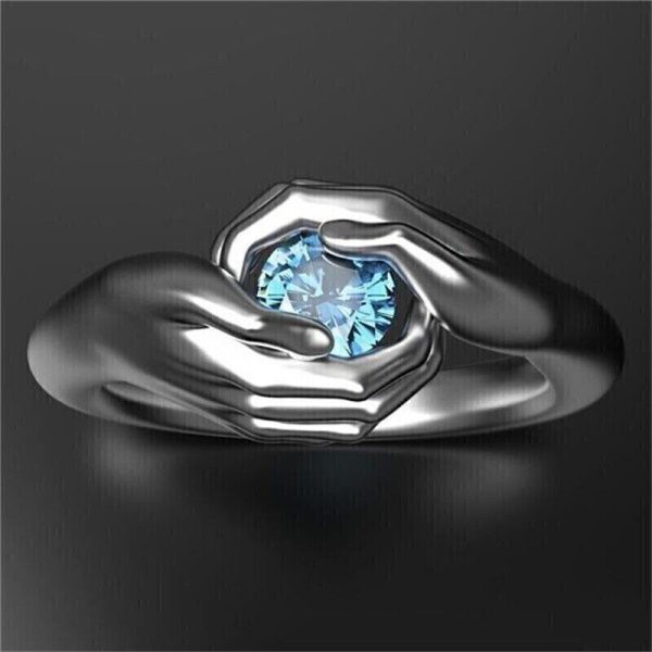 Unique Hand Wedding Ring 2Ct Round Lab Created Blue Topaz 14k Black Gold Plated