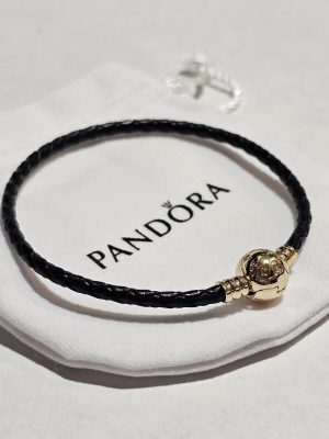 New PANDORA MOMENTS BLACK SINGLE WOVEN LEATHER BRACELET GOLD 6.7 INCHES