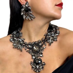 Stonefans Rhinestones Black Necklace and Earring Jewelry Set For Women