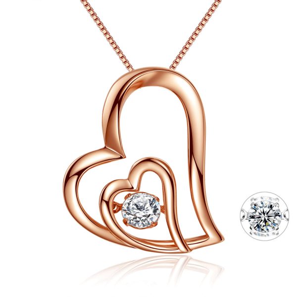 Women 925 Sterling Silver Rose Gold Double Heart Pendant Necklace Gifts for Girl