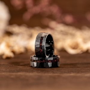 Black Hammered Opal Men Ring Unique Mens Wedding Band Brushed Tungsten Ring
