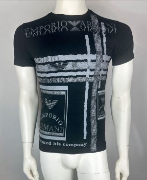 Emporio Armani Logo Print Casual Fashion T-Shirt Black Stretch Men’s Sz S NEW.