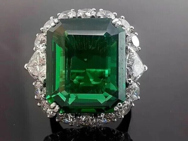 Halo Engagement Ring 14K White Gold Plated 4Ct Emerald Cut Lab-Created Emerald