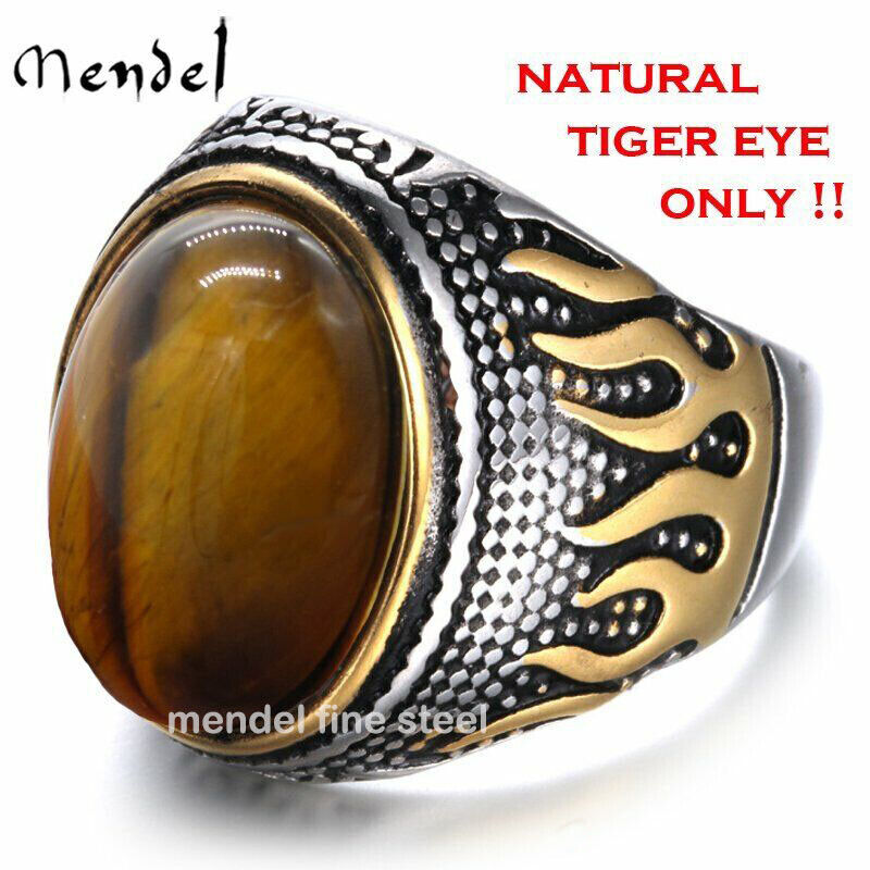 MENDEL Mens Stainless Steel Gold Plated Oval Tiger Eye Stone Ring Size 7 8 9-15