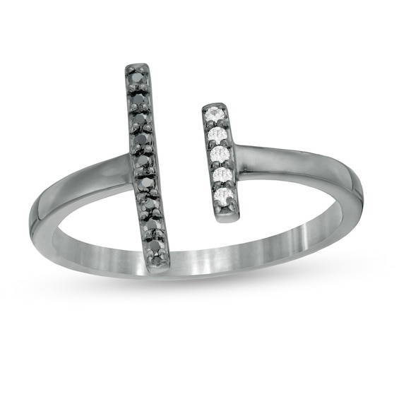 0.085 CT. T.w. Enhanced Black and White Diamond Double Bar Open Ring