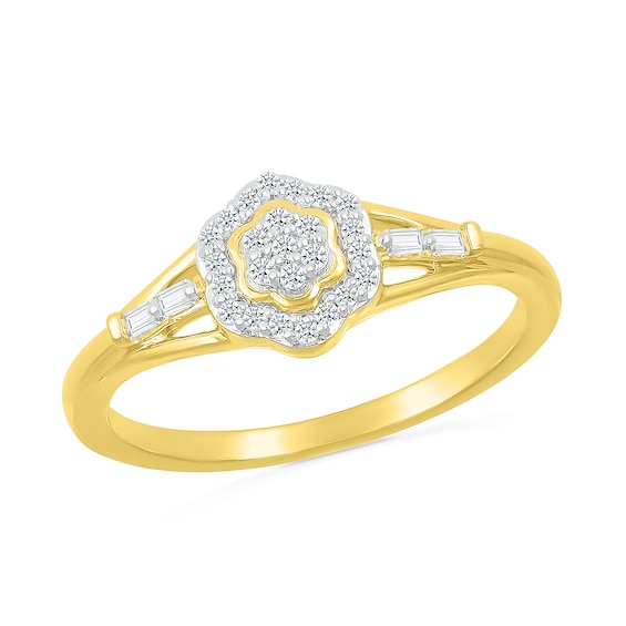 0.115 CT. T.w. Baguette and Round Diamond Flower Frame Promise Ring in