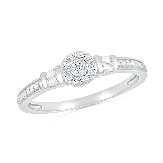 0.115 CT. T.w. Baguette and Round Diamond Frame Promise Ring in