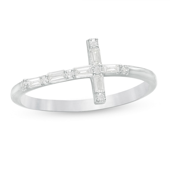 0.145 CT. T.w. Baguette and Round Diamond Sideways Cross Ring in 10K