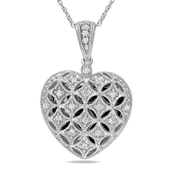0.14 CT. T.w. Diamond Lattice Heart Locket in 10K White Gold - 17"
