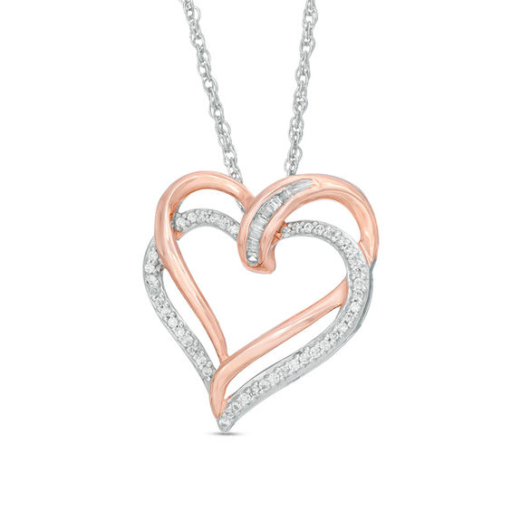 0.15 CT. T.w. Baguette and Round Diamond Tilted Double Heart Pendant