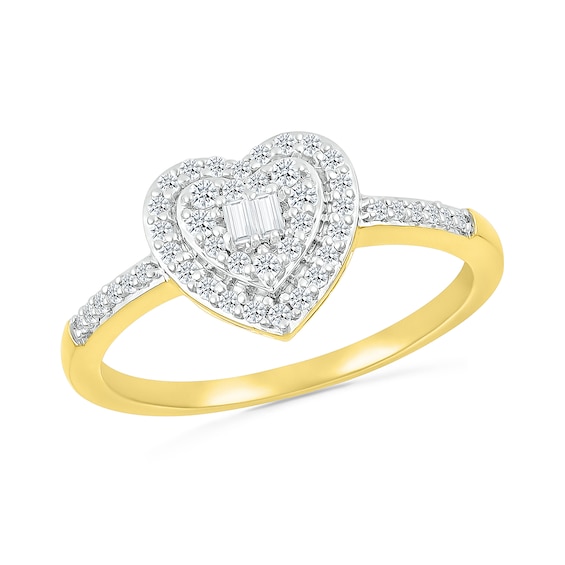 0.23 CT. T.w. Baguette and Round Diamond Double Heart Frame Promise