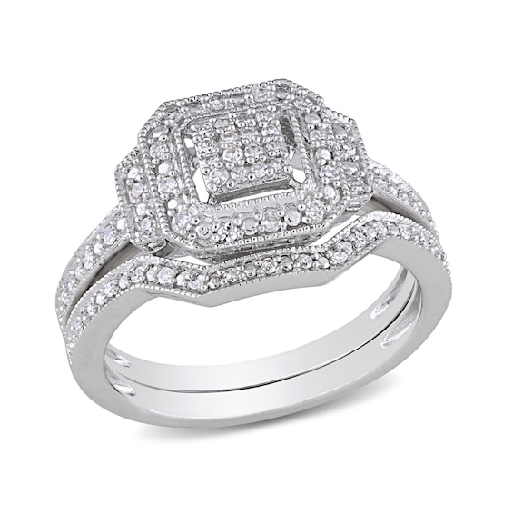 0.23 CT. T.w. Princess-Cut Composite Diamond Art Deco Bridal Set in
