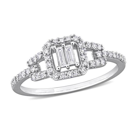 0.31 CT. T.w. Baguette and Round Diamond Cushion Frame Split Shank
