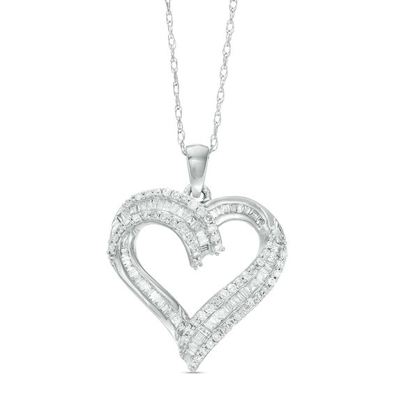 0.50 CT. T.w. Baguette and Round Diamond Heart Pendant in 10K White