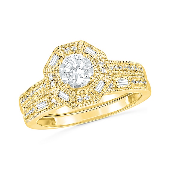 0.69 CT. T.w. Baguette and Round Diamond Octagonal Frame Vintage-Style