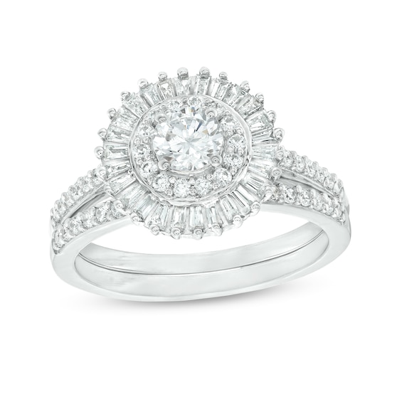 0.95 CT. T.w. Baguette and Round Diamond Double Frame Bridal Set in