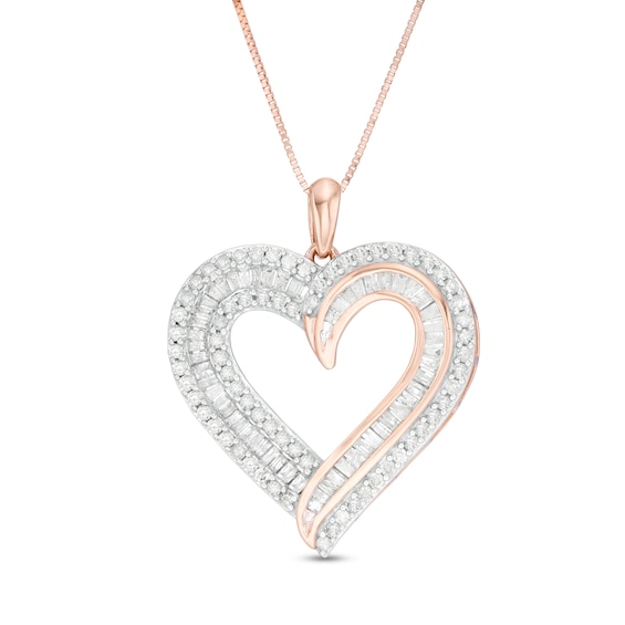 0.95 CT. T.w. Baguette and Round Diamond Double Row Heart Pendant in