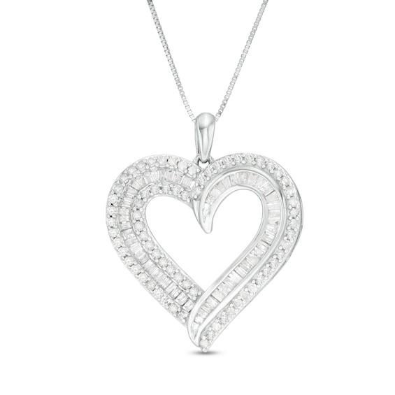 0.95 CT. T.w. Baguette and Round Diamond Double Row Heart Pendant in