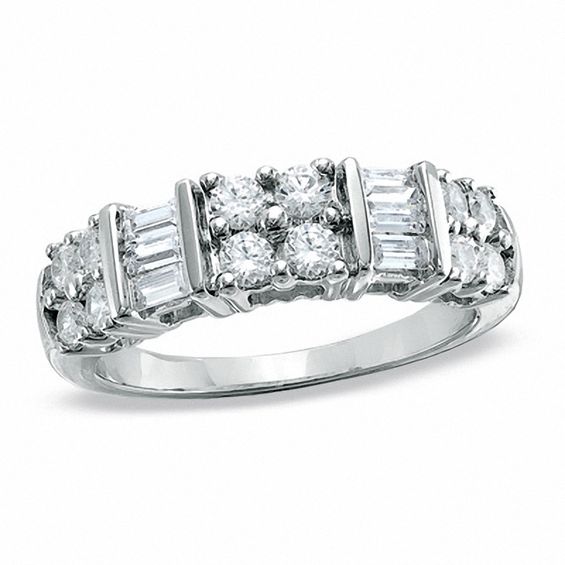 1.00 CT. T.w. Baguette and Round Diamond Station Band in 10K White