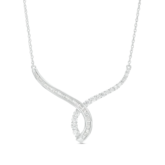 1.00 CT. T.w. Baguette and Round Diamond Twisted Curve Necklace in 10K